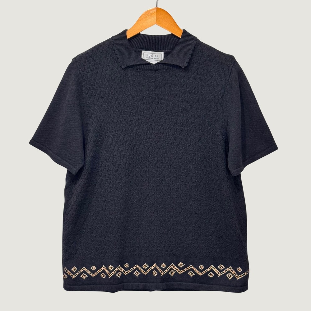 Adeline Alfred Dunner Sweater Polo Womens M Black Short Sleeve Embroidered Retro
